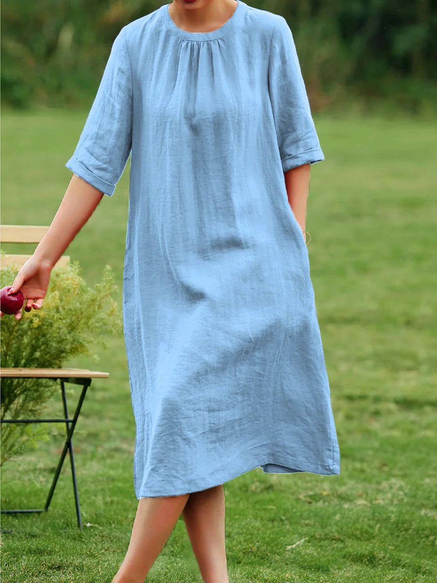 Women's Round Neck Cotton and Linen Dress