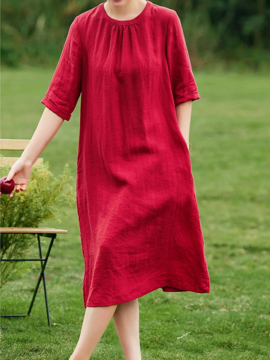 Women's Round Neck Cotton and Linen Dress