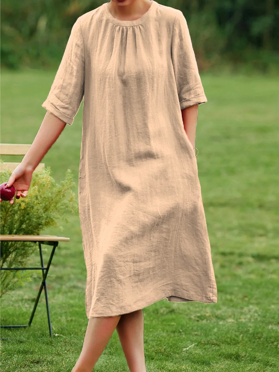 Women's Round Neck Cotton and Linen Dress