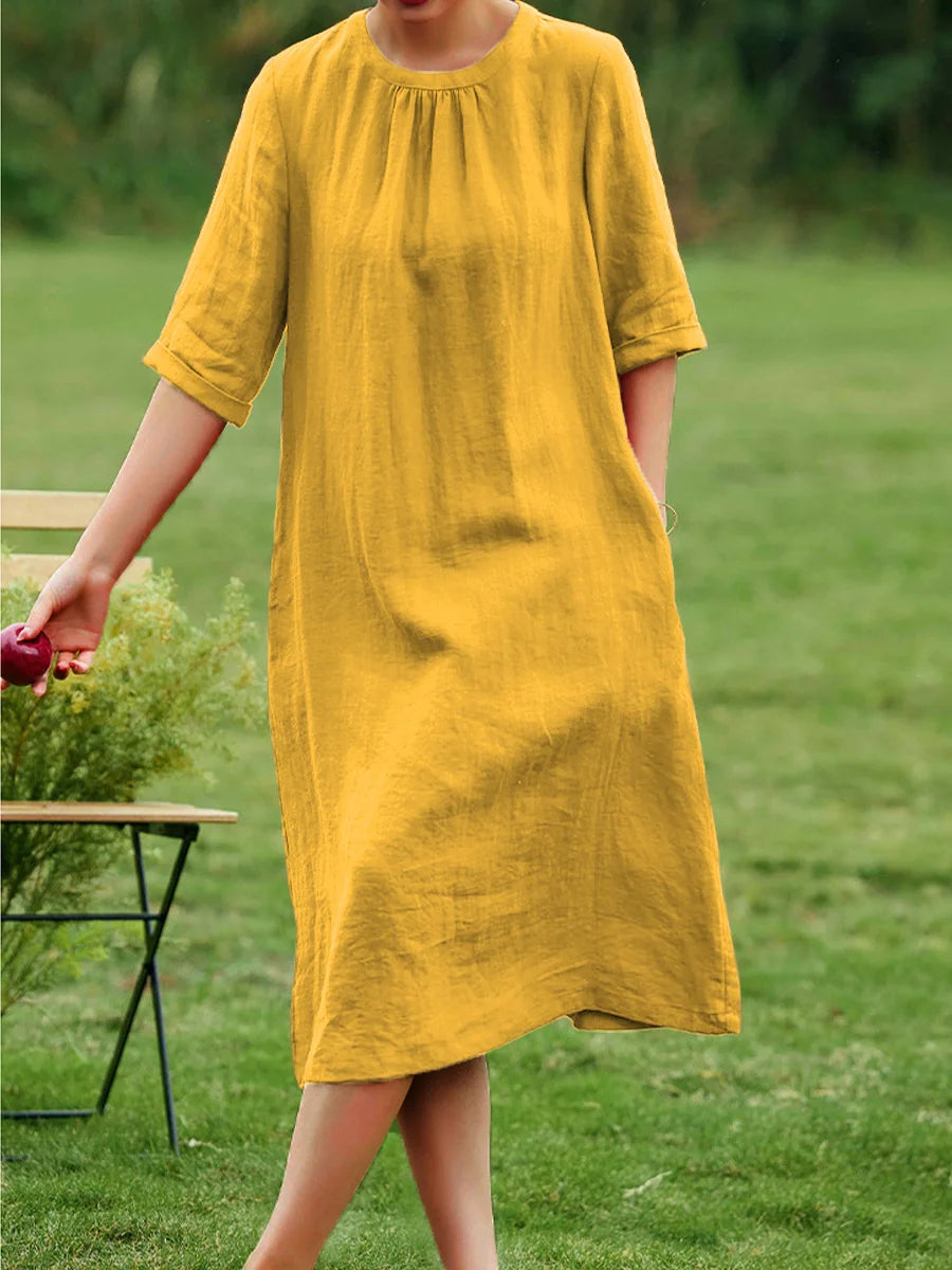 Women's Round Neck Cotton and Linen Dress