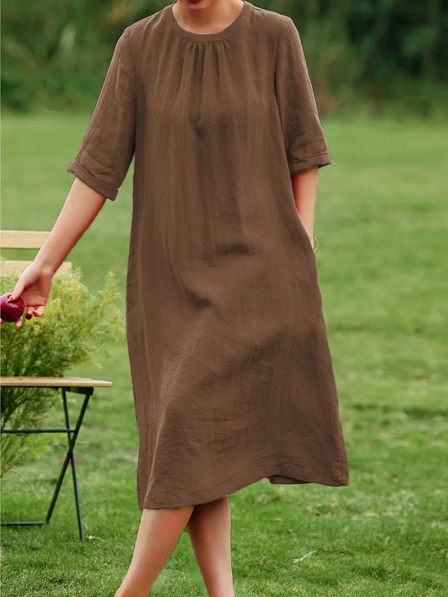Women's Round Neck Cotton and Linen Dress