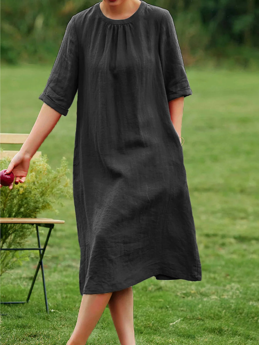 Women's Round Neck Cotton and Linen Dress