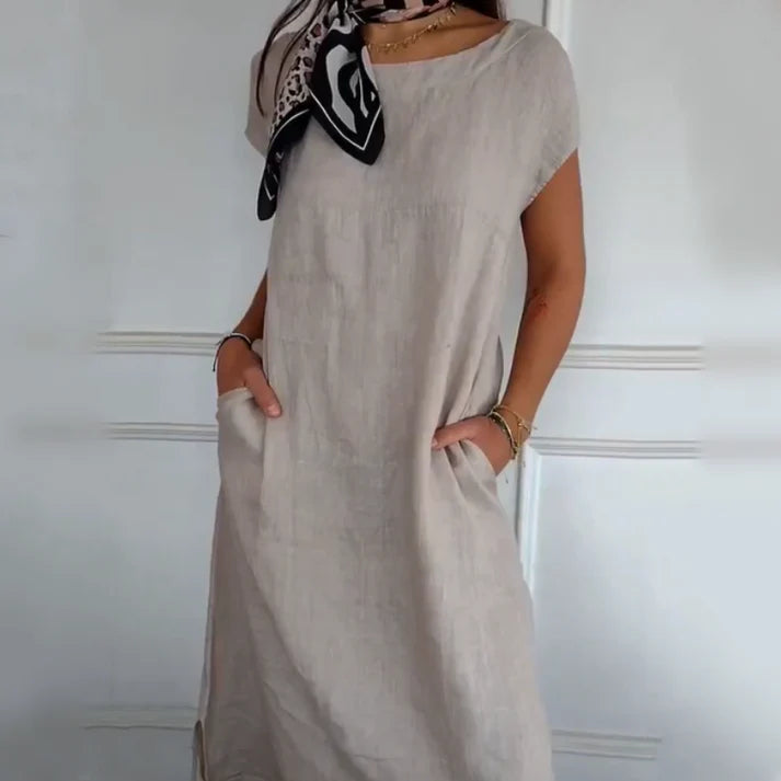 Women's Round Neck Short Sleeve Cotton Linen Dress | Summer Essential
