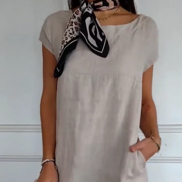 Women's Round Neck Short Sleeve Cotton Linen Dress | Summer Essential
