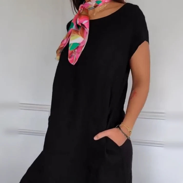 Women's Round Neck Short Sleeve Cotton Linen Dress | Summer Essential