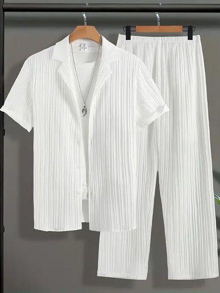 Men's Summer Solid Color Striped 2pcs Set